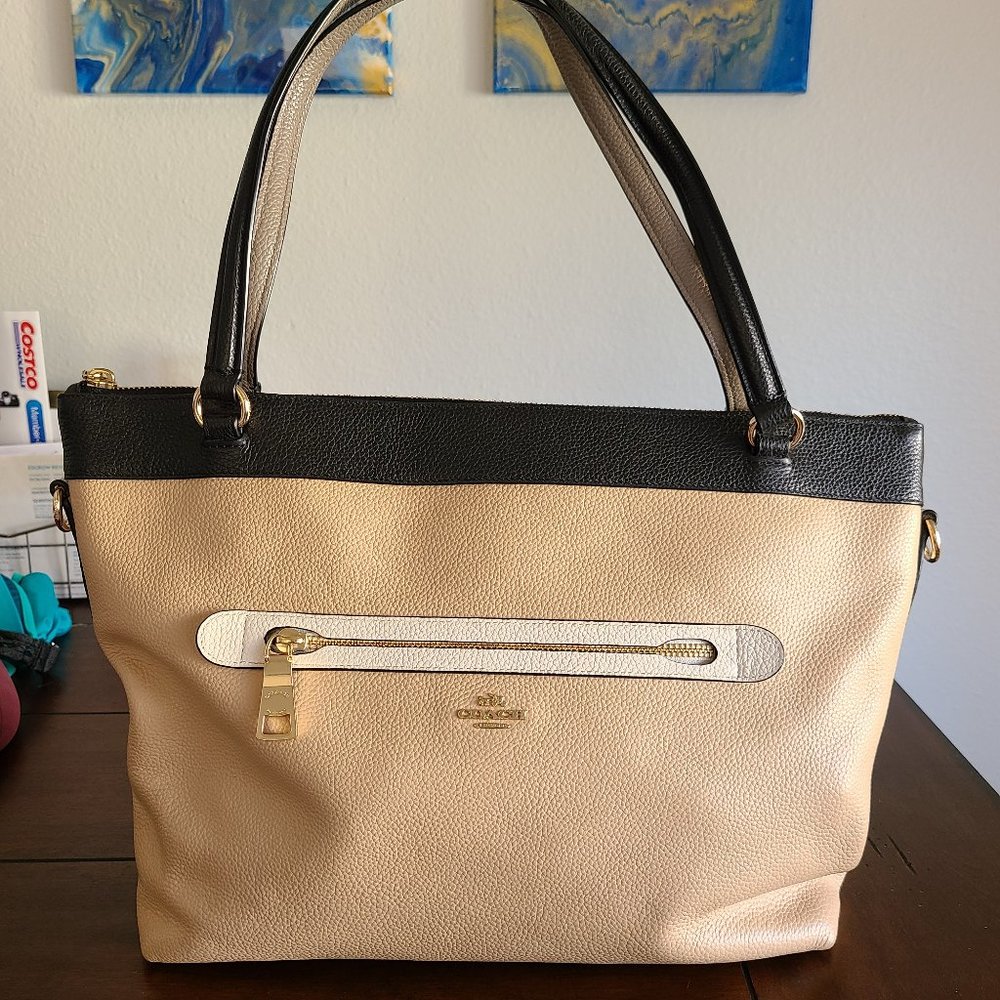 Authentic Coach cream and tan leather tote